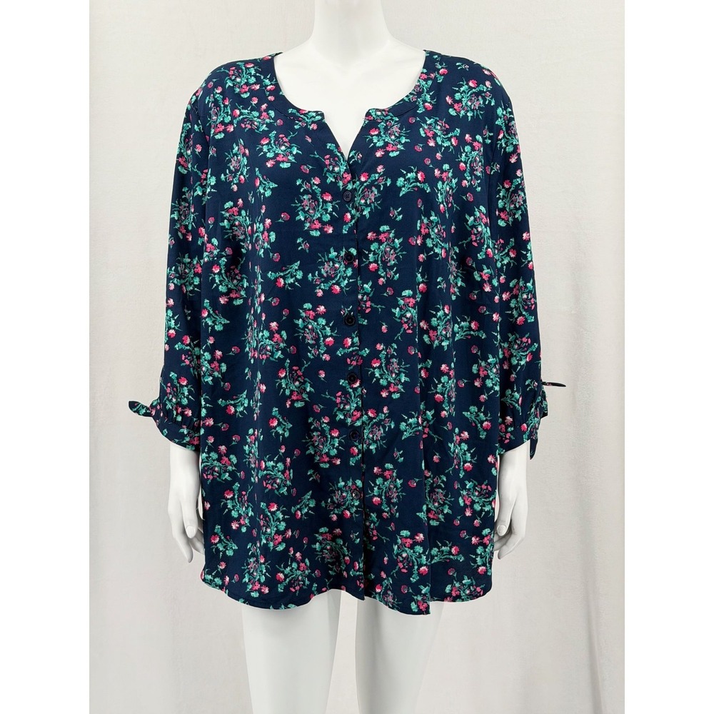 Catherines Top Women 2X Navy Dark Floral Button Up Long Sleeve Sheer Boho Office